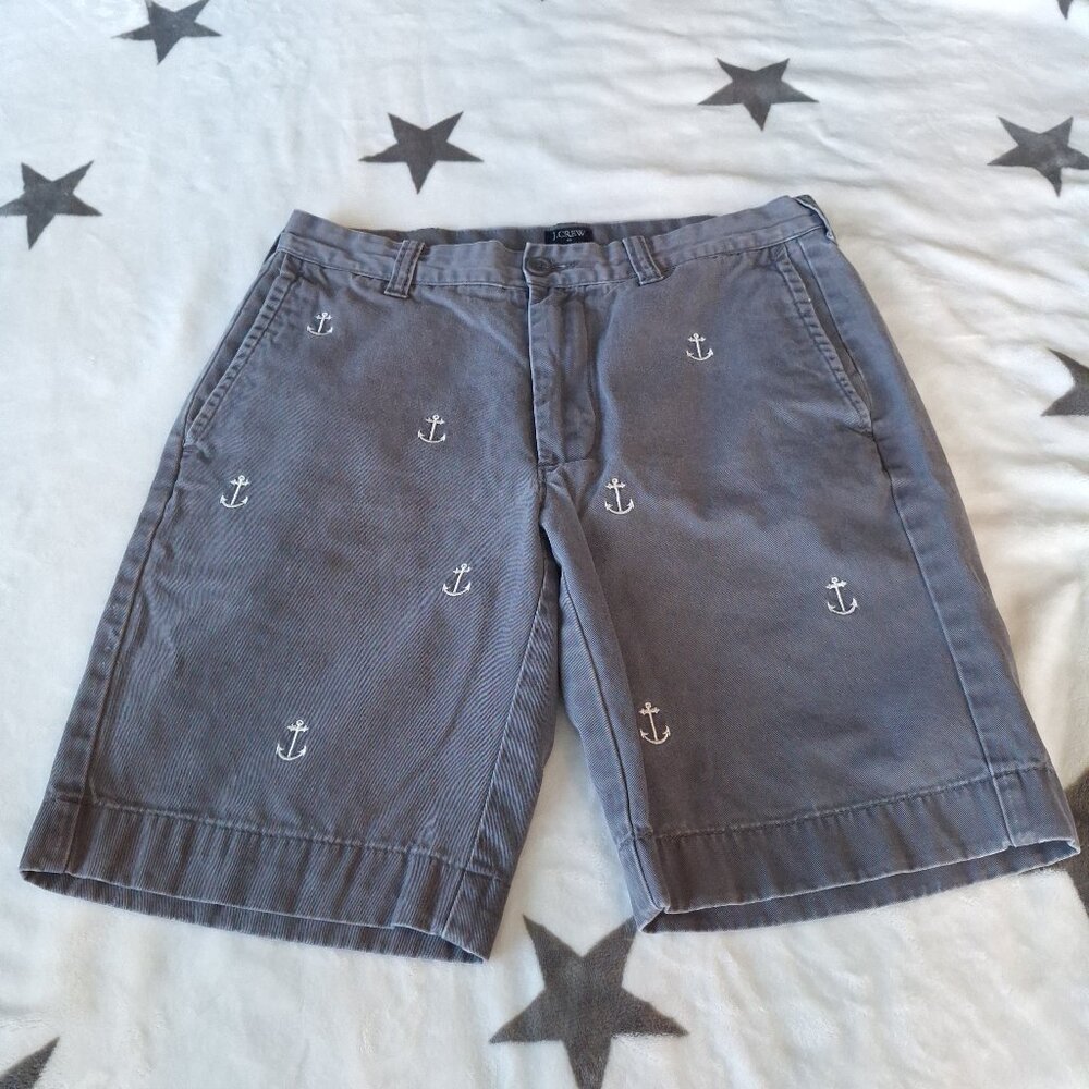 J. Crew Mens 30W Gramercy Chino‎ Gray Anchor Embroidered Shorts Nautical Preppy